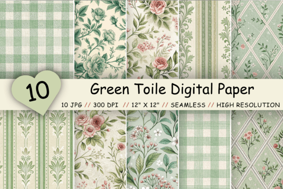 Download Green Toile Digital Paper Pack, Vintage - Digital paper pack Collection