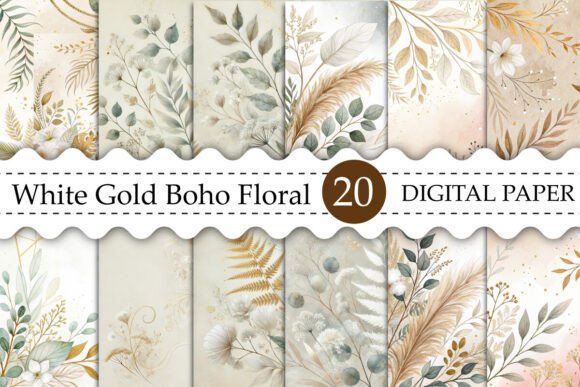 Download White Gold Boho Floral Leaves Background - White Collection